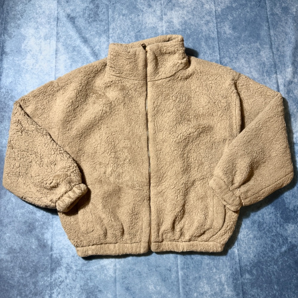 Y2K Love Poem Beige Teddy Sherpa Fleece Full Zip Jacket Women L